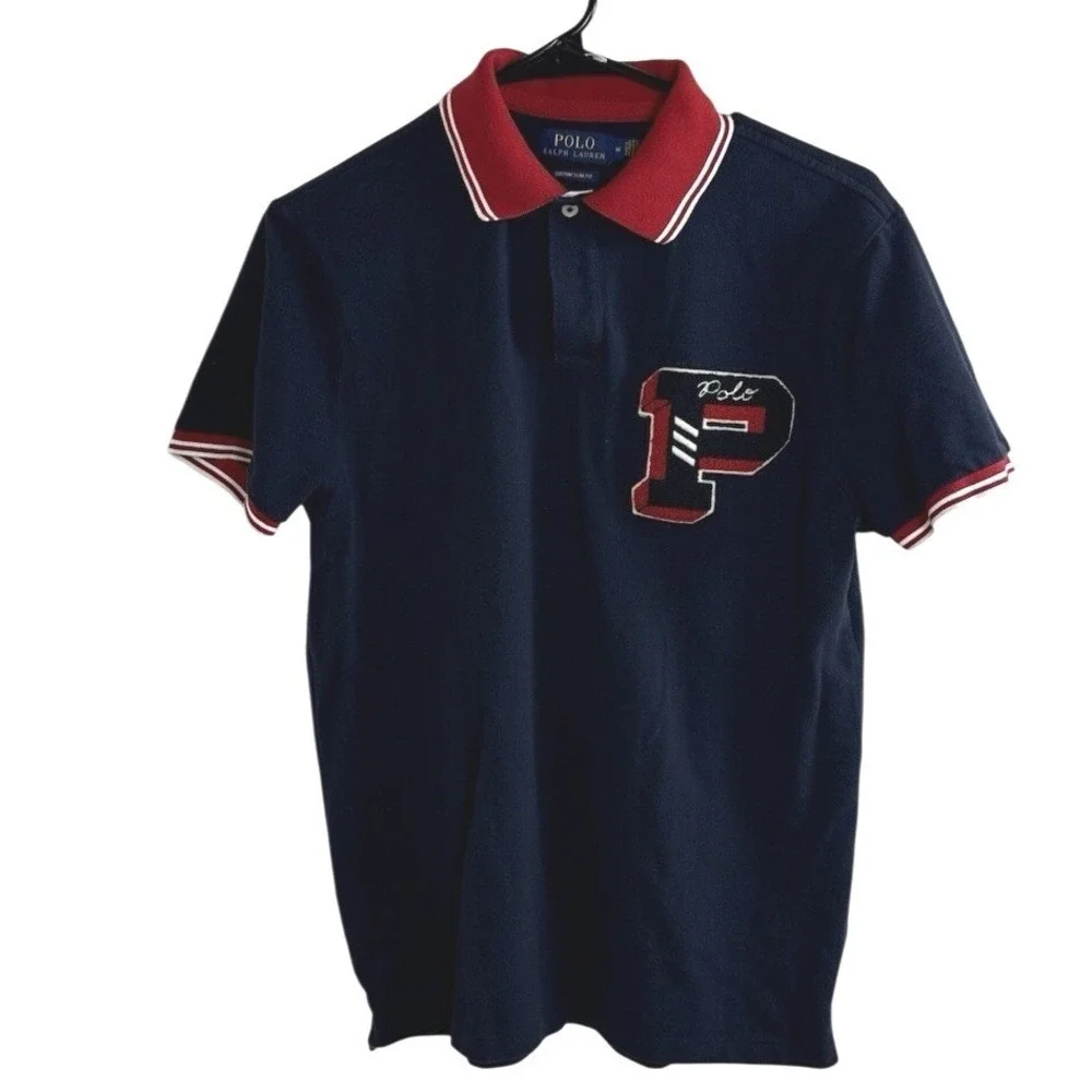 Polo Ralph Lauren Mens Polo Shirt Navy Blue Red Size M Big P Logo Rugby Spellout